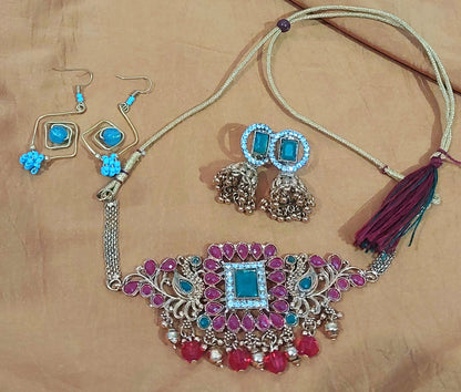 Matt finished kundan & beads choker set with geomentric shape wire handcrafted beads earrings