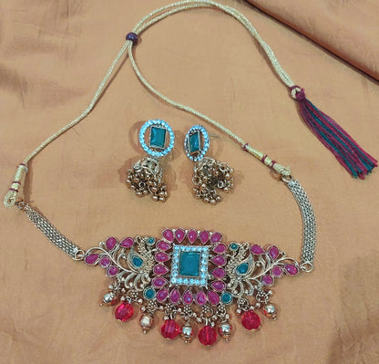 Matt finished kundan & beads choker set with geomentric shape wire handcrafted beads earrings