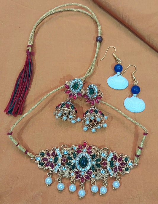 Matt finished kundan & pearl beads choker set with handcrafted shell & beads earring