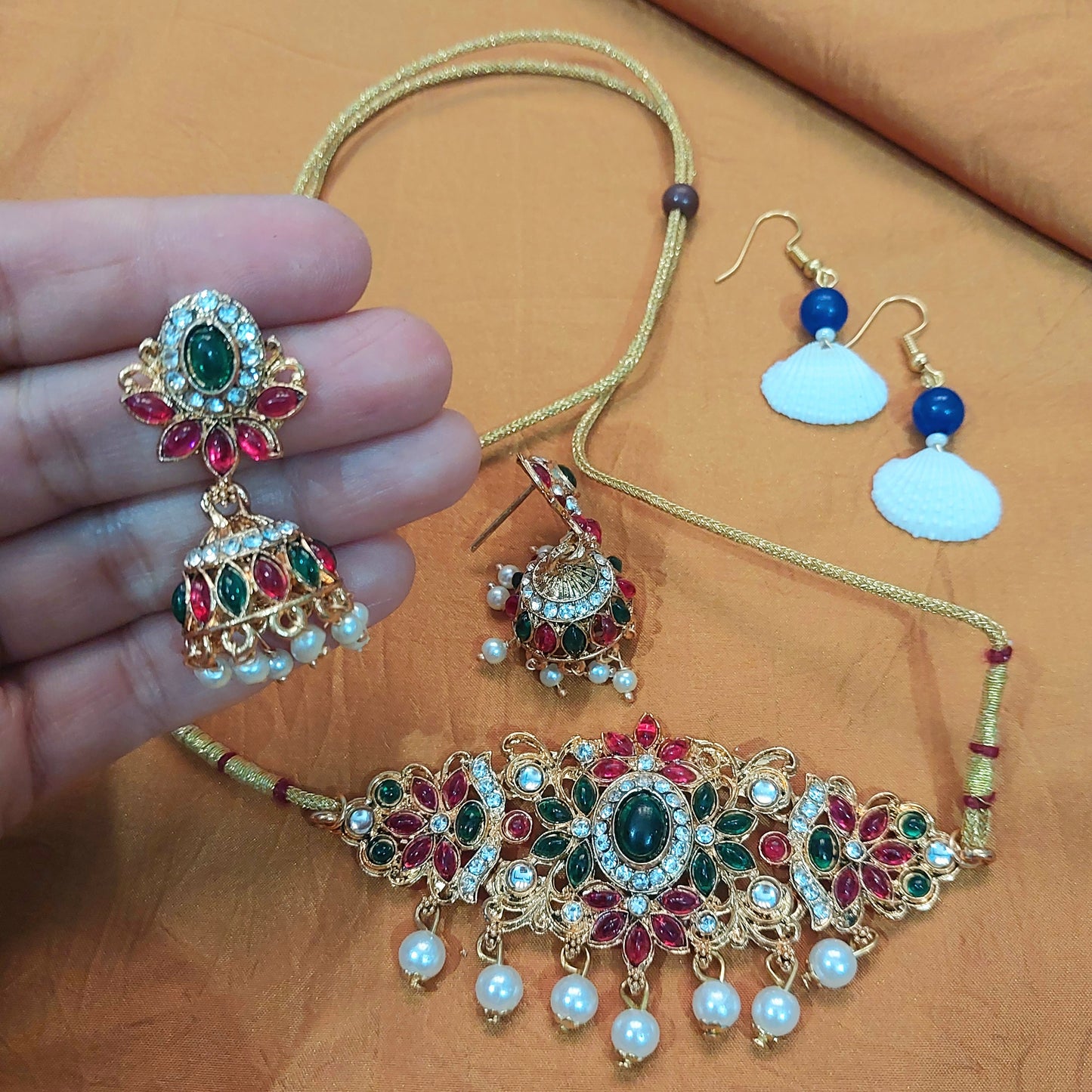 Matt finished kundan & pearl beads choker set with handcrafted shell & beads earring