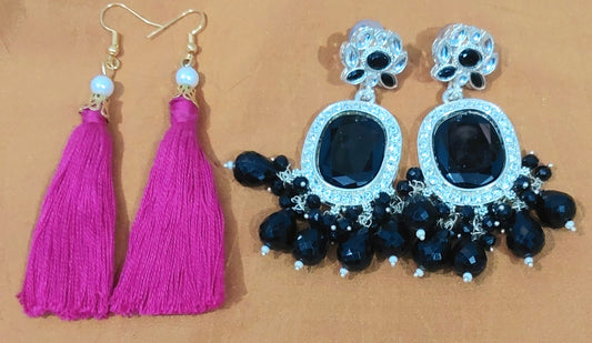 Black monalisa stones & beads earring with Magenta cotton thread handcrafted earring