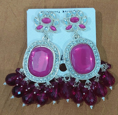 Magenta monalisa stones & beads earring with handcrafted blue cotton thread earring