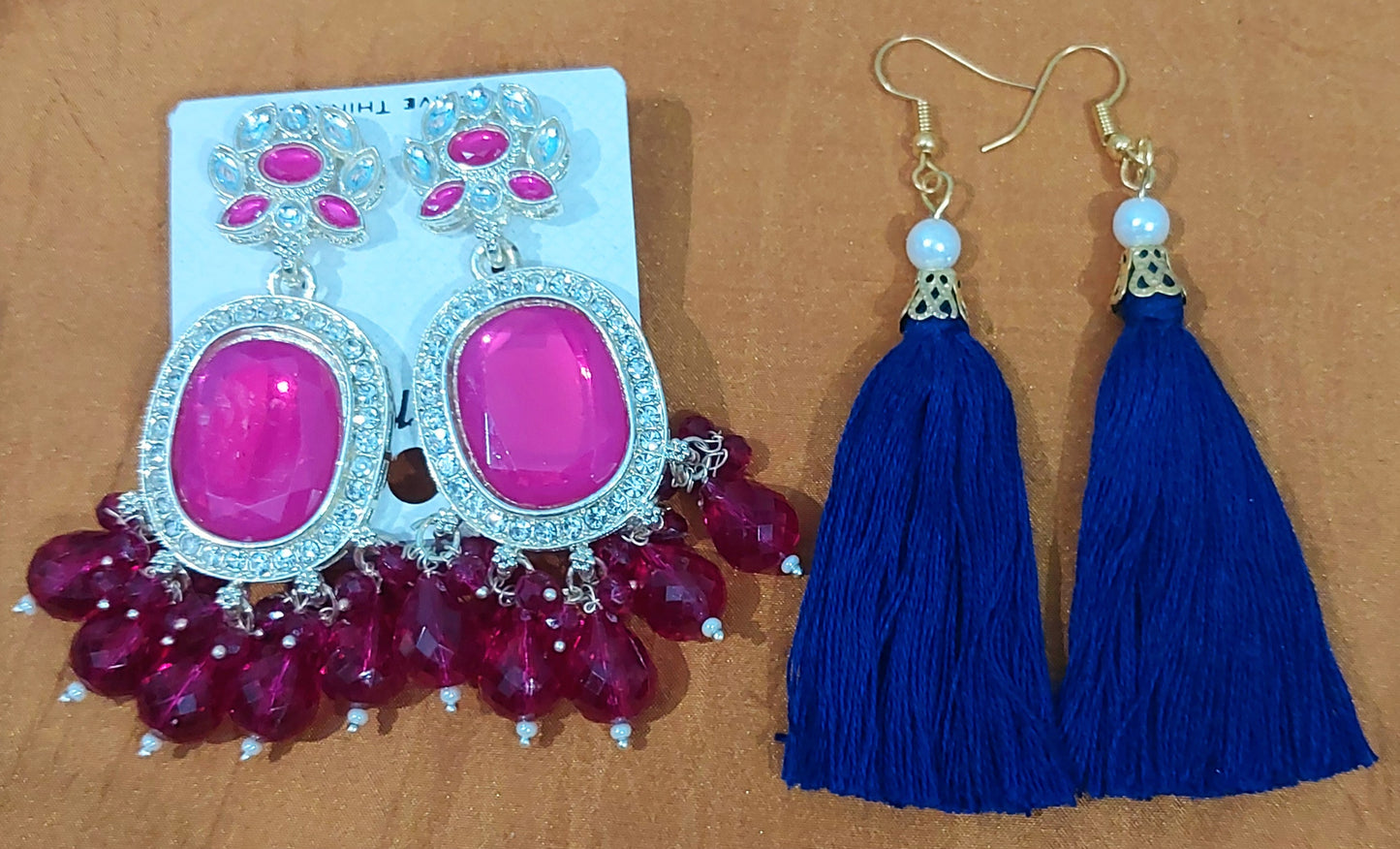 Magenta monalisa stones & beads earring with handcrafted blue cotton thread earring