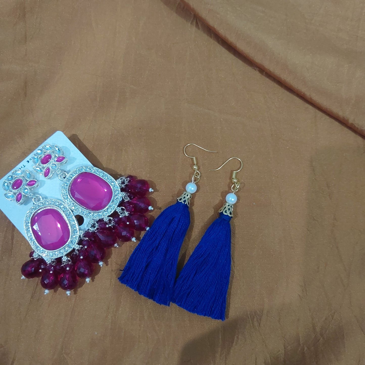 Magenta monalisa stones & beads earring with handcrafted blue cotton thread earring