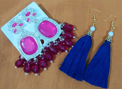 Magenta monalisa stones & beads earring with handcrafted blue cotton thread earring