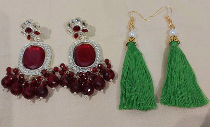 Red monalisa stones & beads earring with handcrafted cotton thread green earring