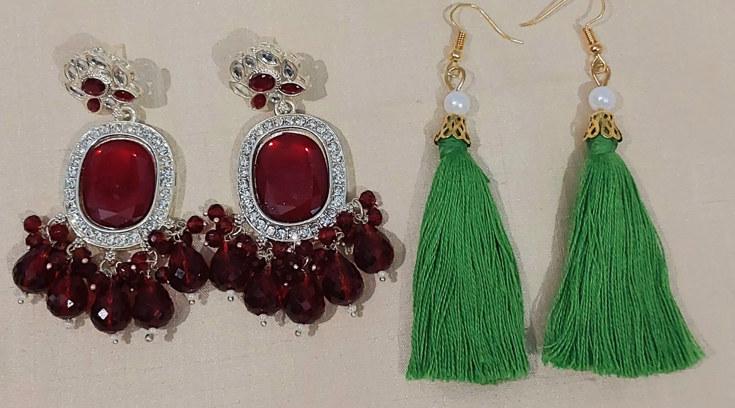 Red monalisa stones & beads earring with handcrafted cotton thread green earring