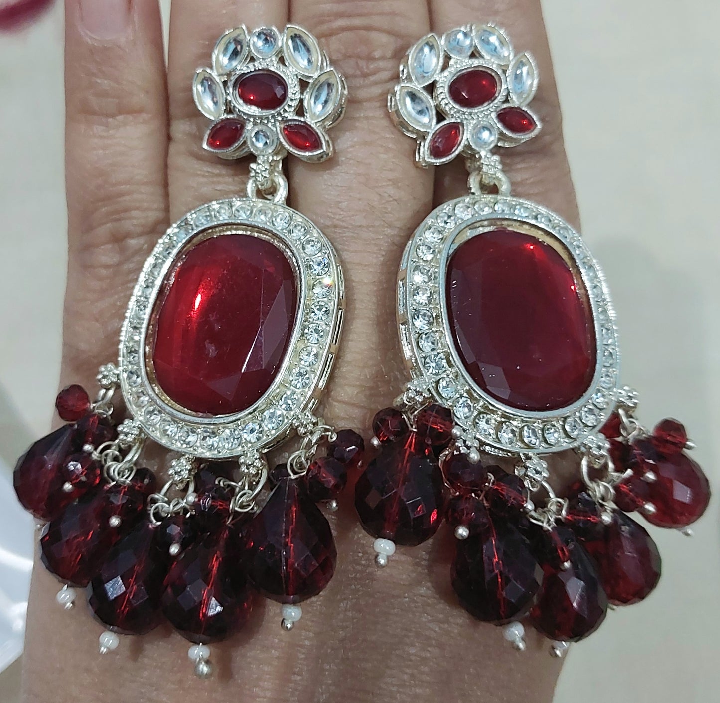 Red monalisa stones & beads earring with handcrafted cotton thread green earring