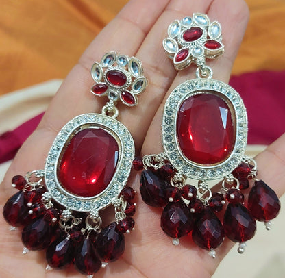 Red monalisa stones & beads earring with handcrafted cotton thread green earring