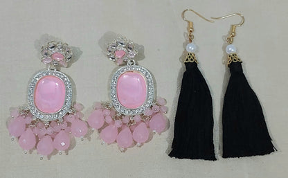 Pink monalisa stones & beads earring with handcrafted cotton thread black earring