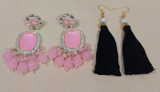 Pink monalisa stones & beads earring with handcrafted cotton thread black earring