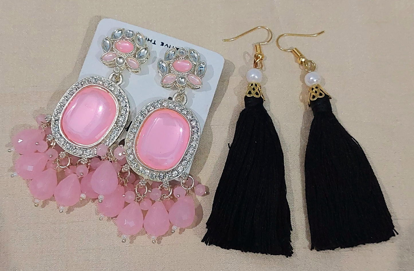 Pink monalisa stones & beads earring with handcrafted cotton thread black earring