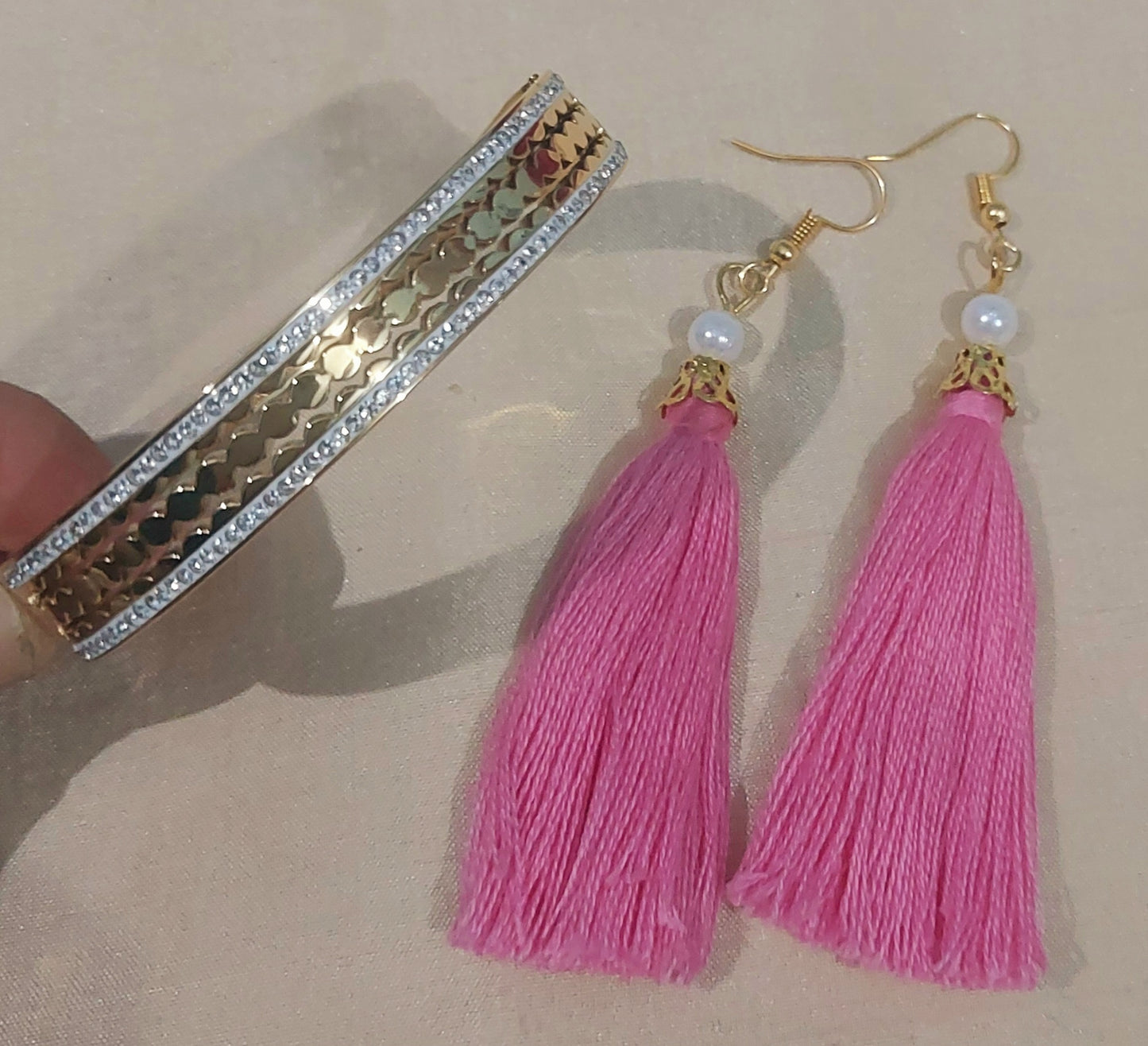 AD stones Anti tanish gold  bracelet kada & handcrafted  cotton thread tassel earring