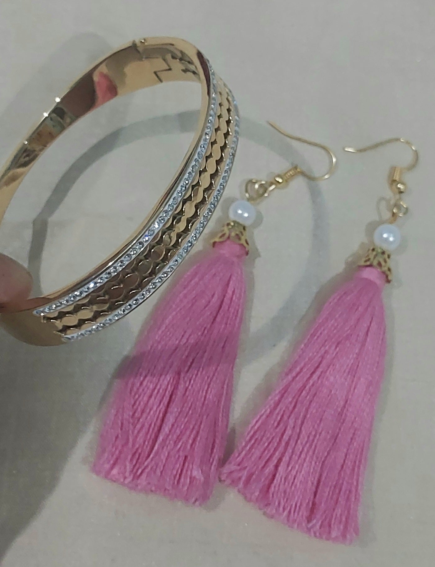 AD stones Anti tanish gold  bracelet kada & handcrafted  cotton thread tassel earring