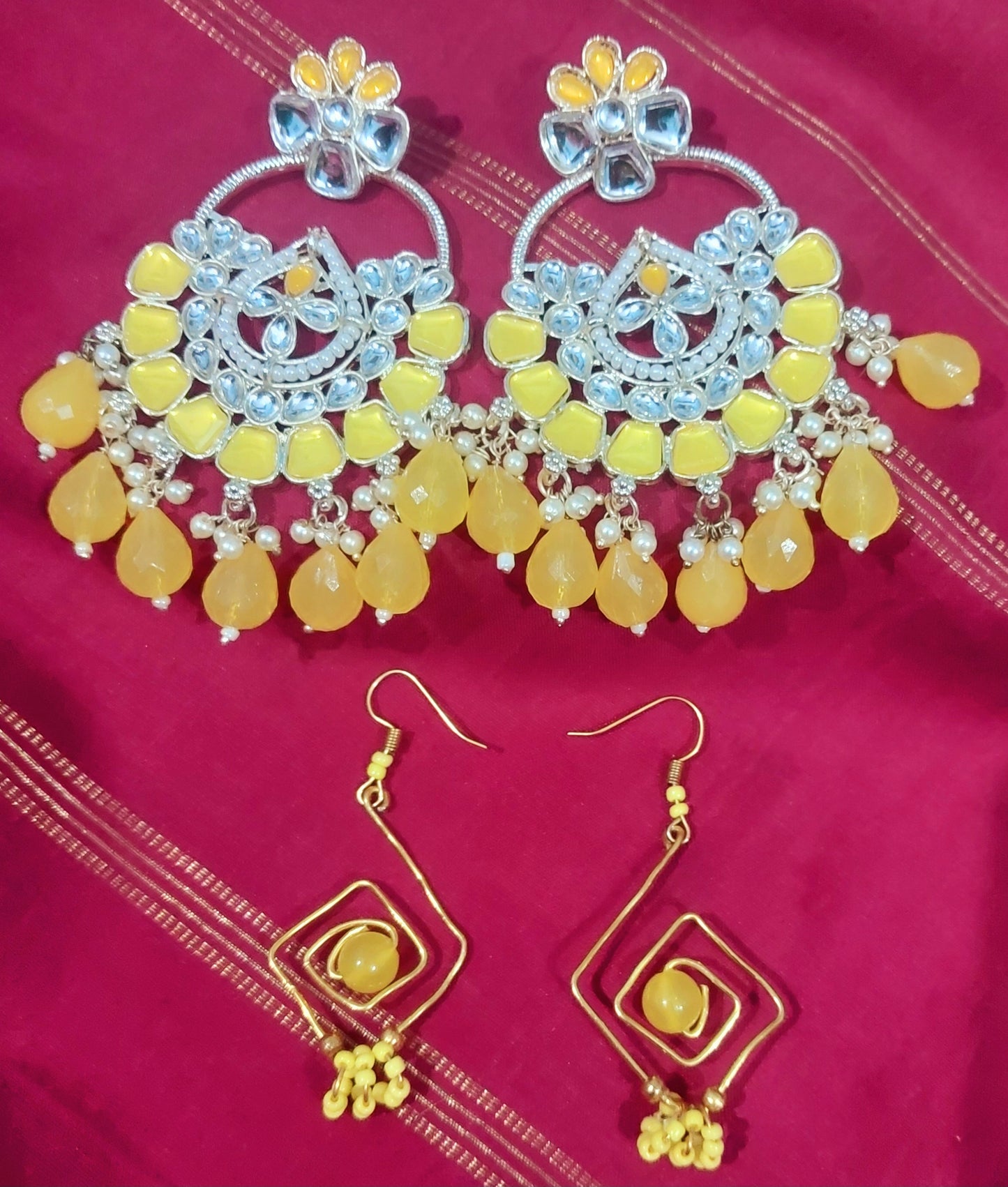 Kundan & beads imitation chandbali earring with handcrafted geomentric shape beads earring