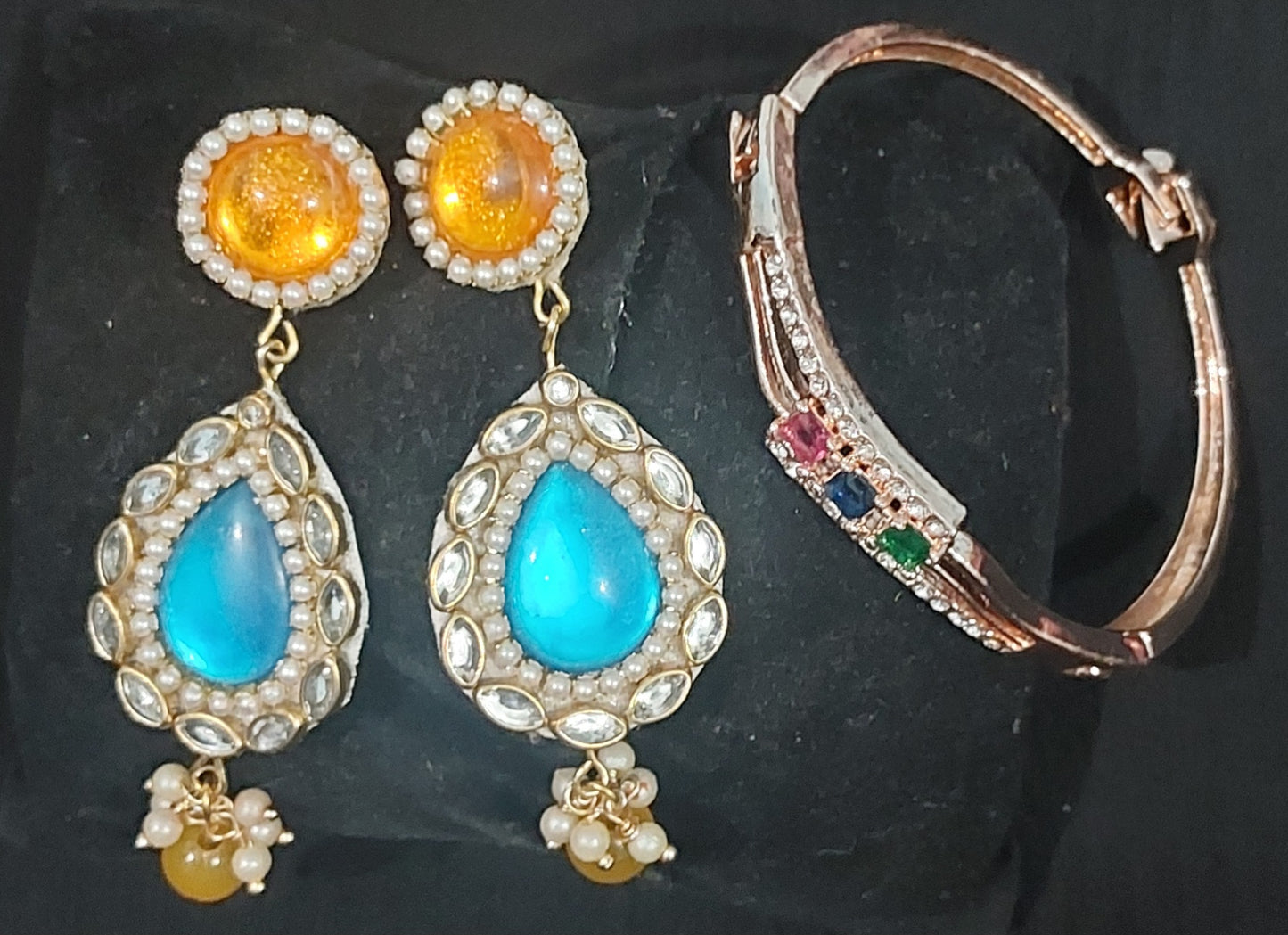 Rose gold AD anti tanish bracelet kada with handcrafted kundan & stones earring