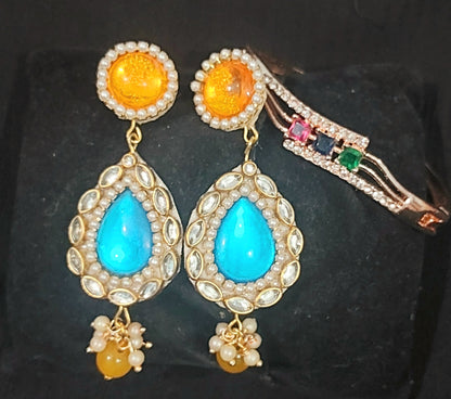 Rose gold AD anti tanish bracelet kada with handcrafted kundan & stones earring