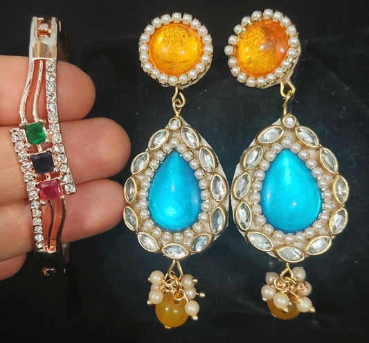 Rose gold AD anti tanish bracelet kada with handcrafted kundan & stones earring