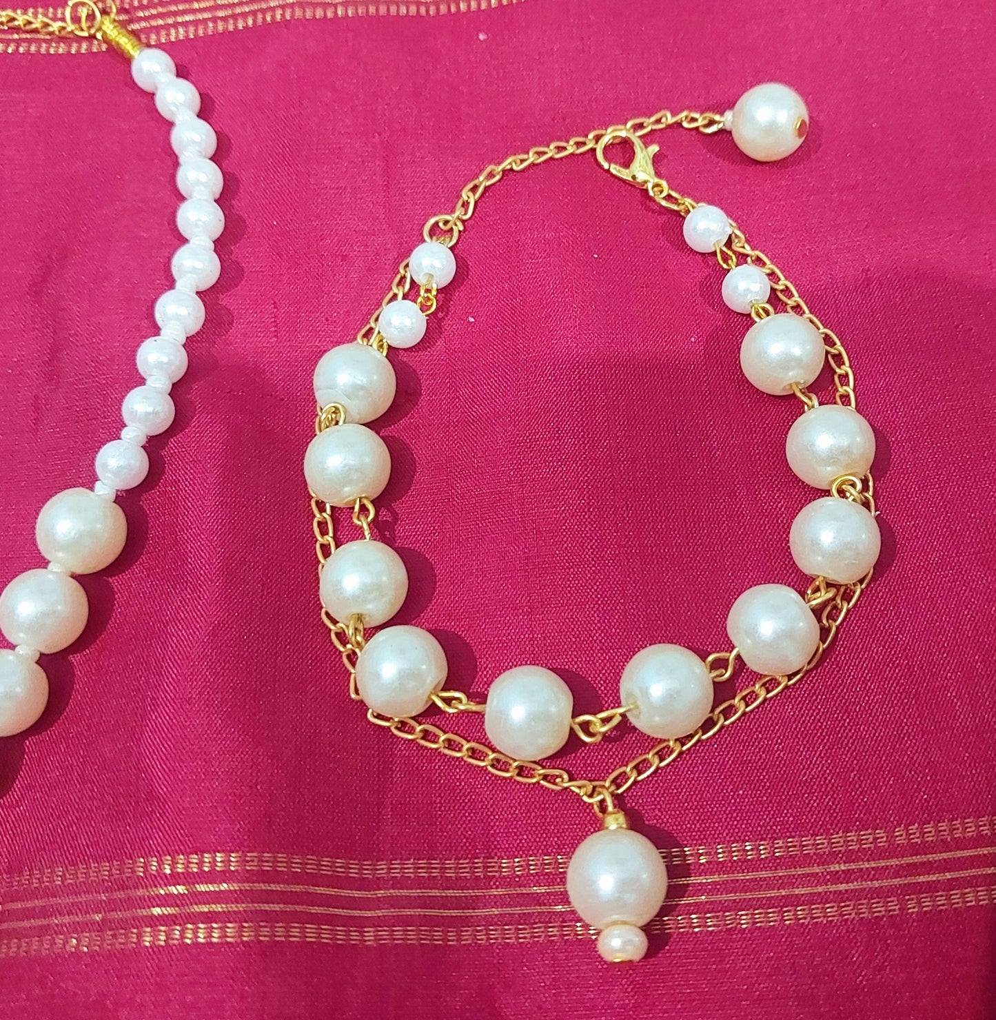 Hand crafted pearl bead necklace with matching earrings & bracelet