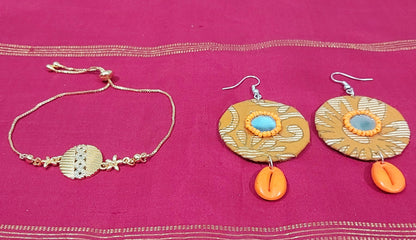 AD stone gold adjustable bracelet  with handcrafted fabric orange shell earring