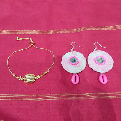 AD stone gold bracelet with handcrafted fabric pink shell earring