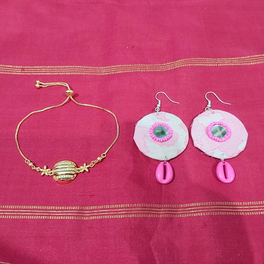 AD stone gold bracelet with handcrafted fabric pink shell earring