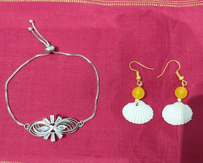 Silver crystal fancy bracelet with handcrafted yellow beads shell earring