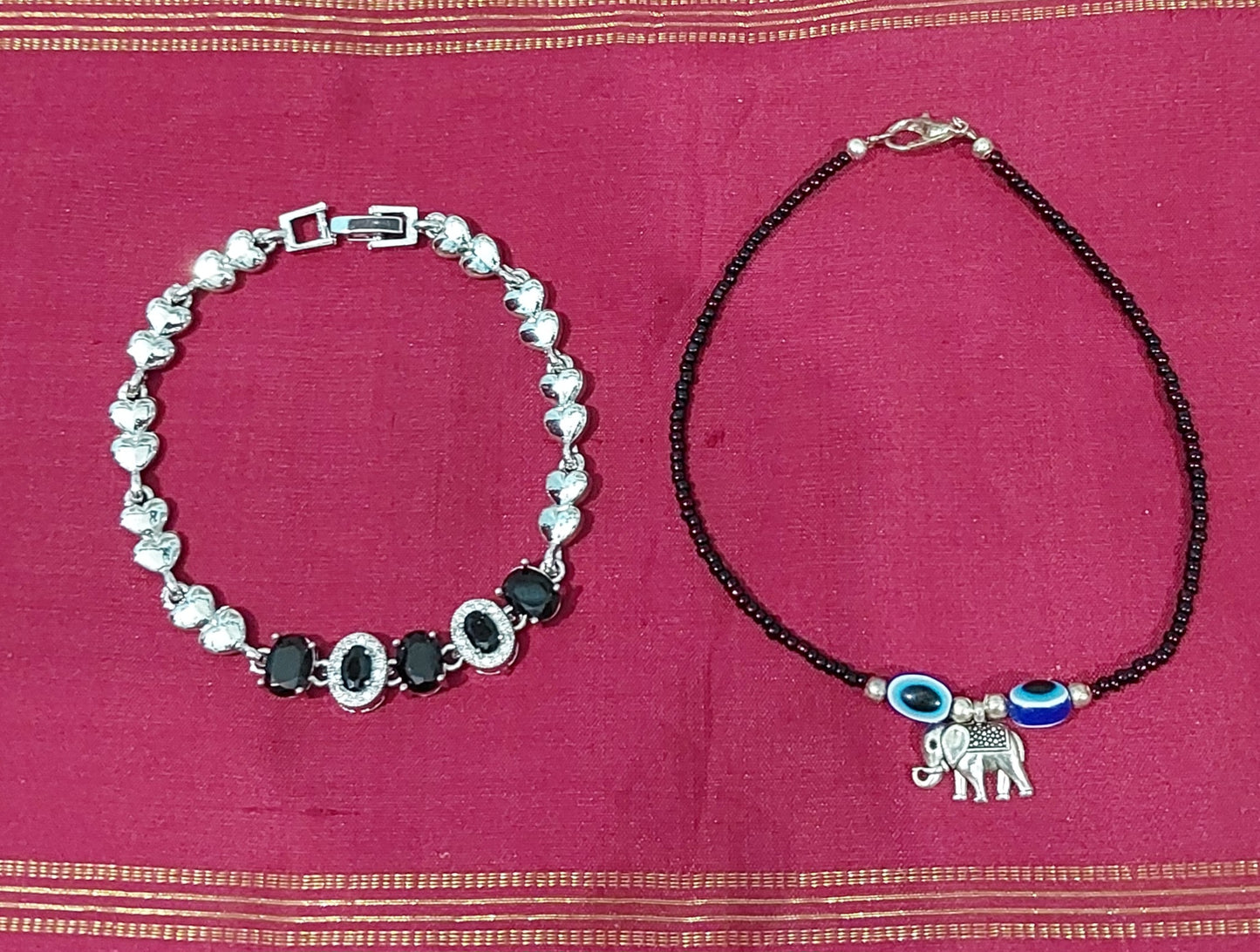 Kundan silver fancy bracelet with handcrafted black beads evil eye bracelet