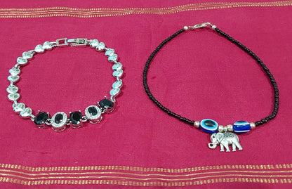 Kundan silver fancy bracelet with handcrafted black beads evil eye bracelet