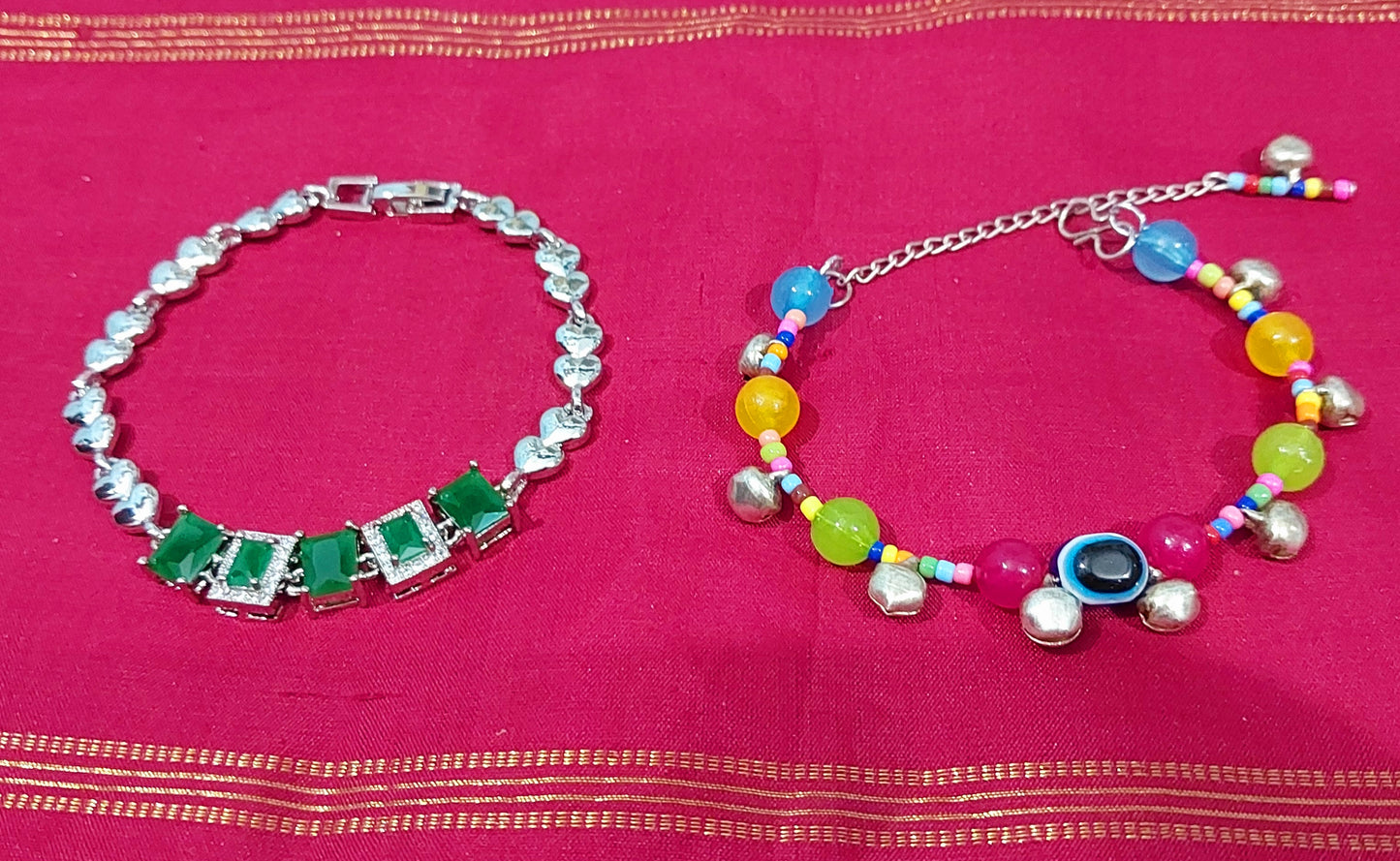 Monalisa stones silver fancy bracelet with handcrafted evil eye multicolored bracelet