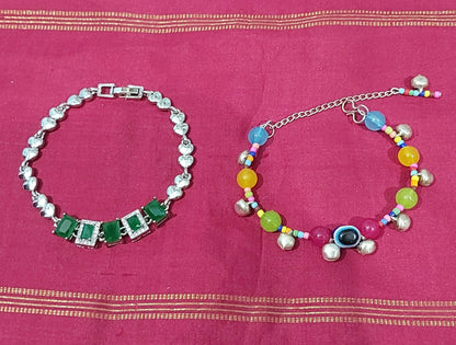 Monalisa stones silver fancy bracelet with handcrafted evil eye multicolored bracelet