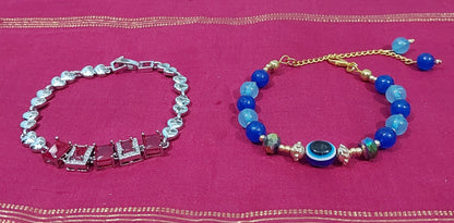 Monalisa stones silver fancy bracelet with handcrafted evil eye beads bracelet