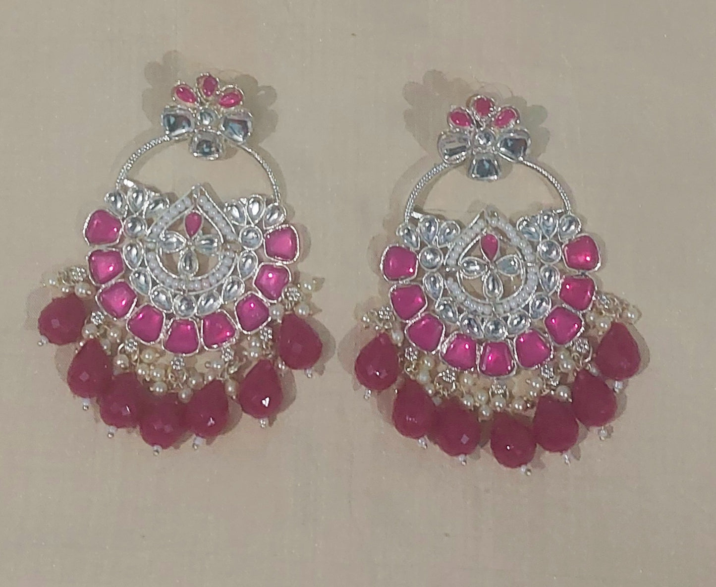 Rani pink chandbali silver monalisa stones & beads earring