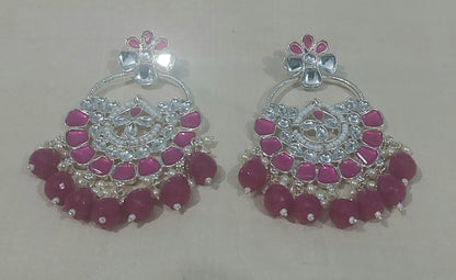 Rani pink chandbali silver monalisa stones & beads earring