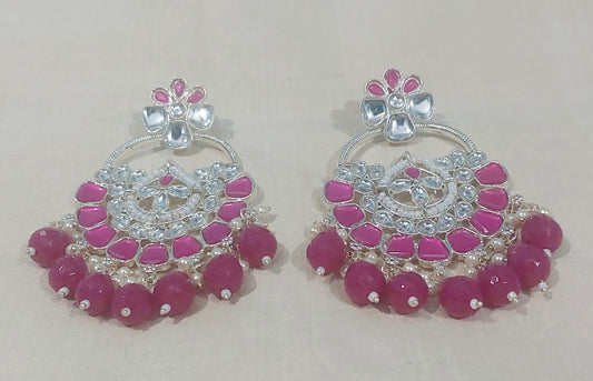 Rani pink chandbali silver monalisa stones & beads earring