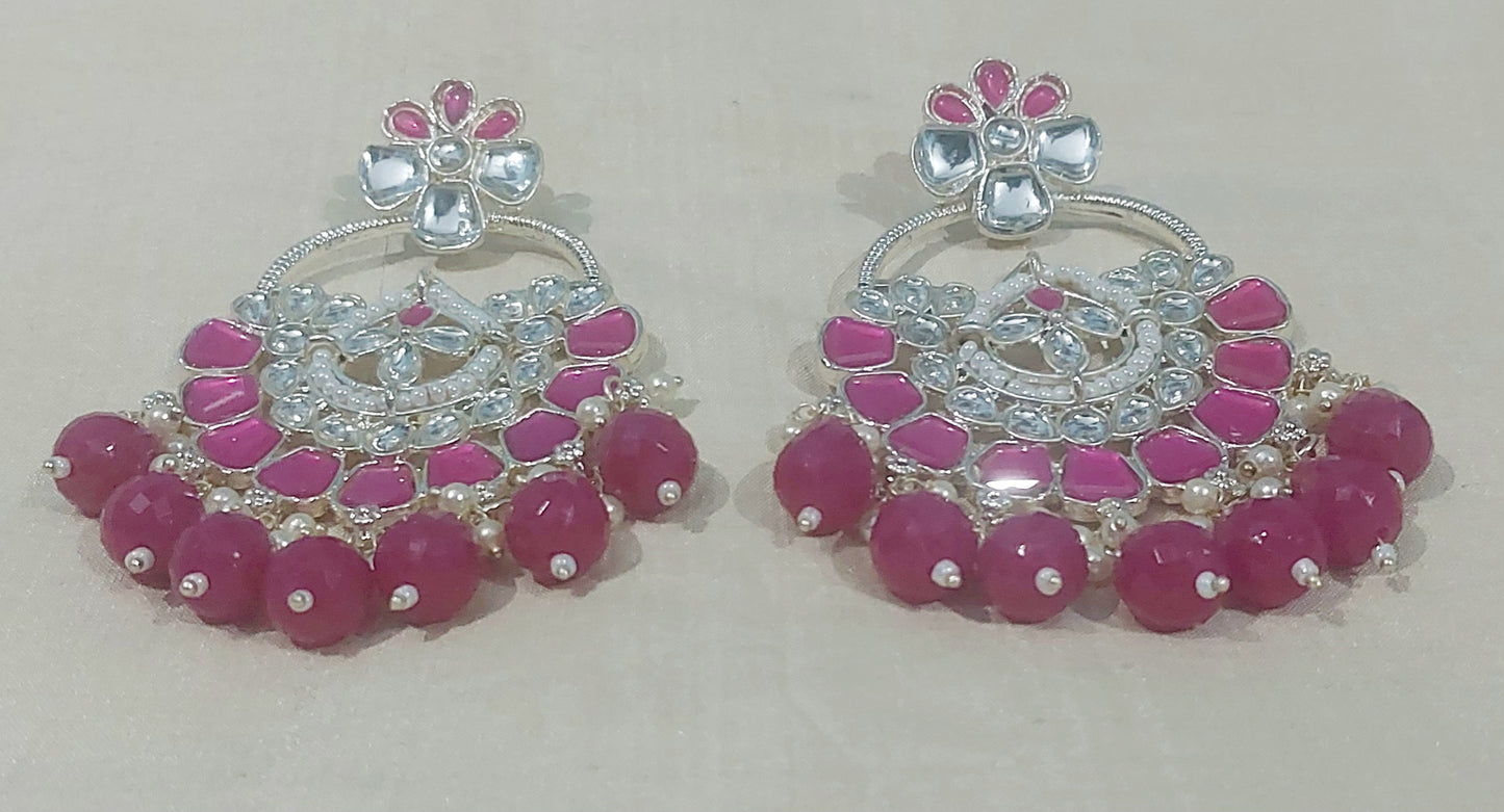 Rani pink chandbali silver monalisa stones & beads earring