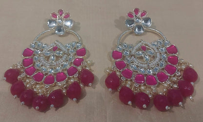 Rani pink chandbali silver monalisa stones & beads earring