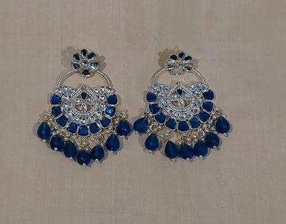 Peacock blue monalisa stones & beads chandbali earring