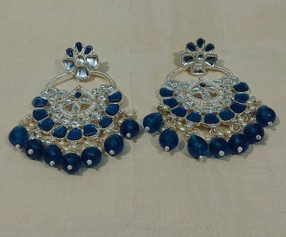 Peacock blue monalisa stones & beads chandbali earring