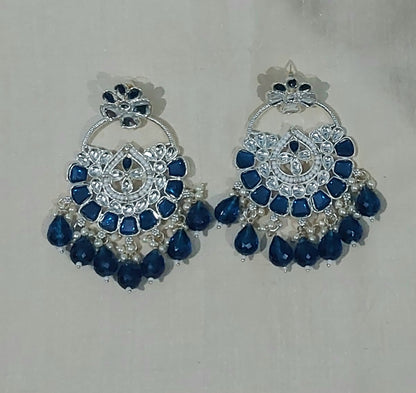 Peacock blue monalisa stones & beads chandbali earring