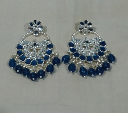 Peacock blue monalisa stones & beads chandbali earring