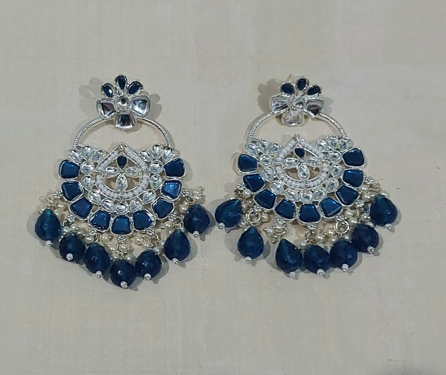 Peacock blue monalisa stones & beads chandbali earring