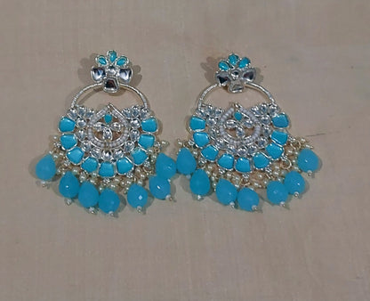 Sky blue monalisa stones & beads chandbali earrings