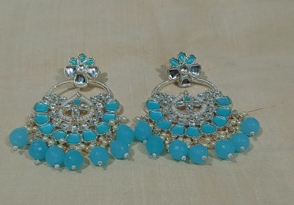 Sky blue monalisa stones & beads chandbali earrings