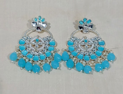 Sky blue monalisa stones & beads chandbali earrings