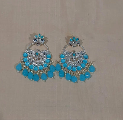 Sky blue monalisa stones & beads chandbali earrings