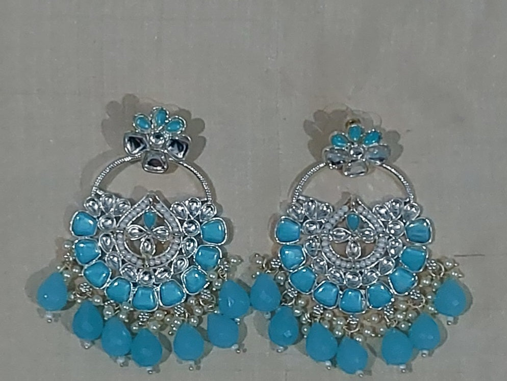 Sky blue monalisa stones & beads chandbali earrings