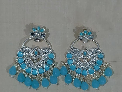 Sky blue monalisa stones & beads chandbali earrings