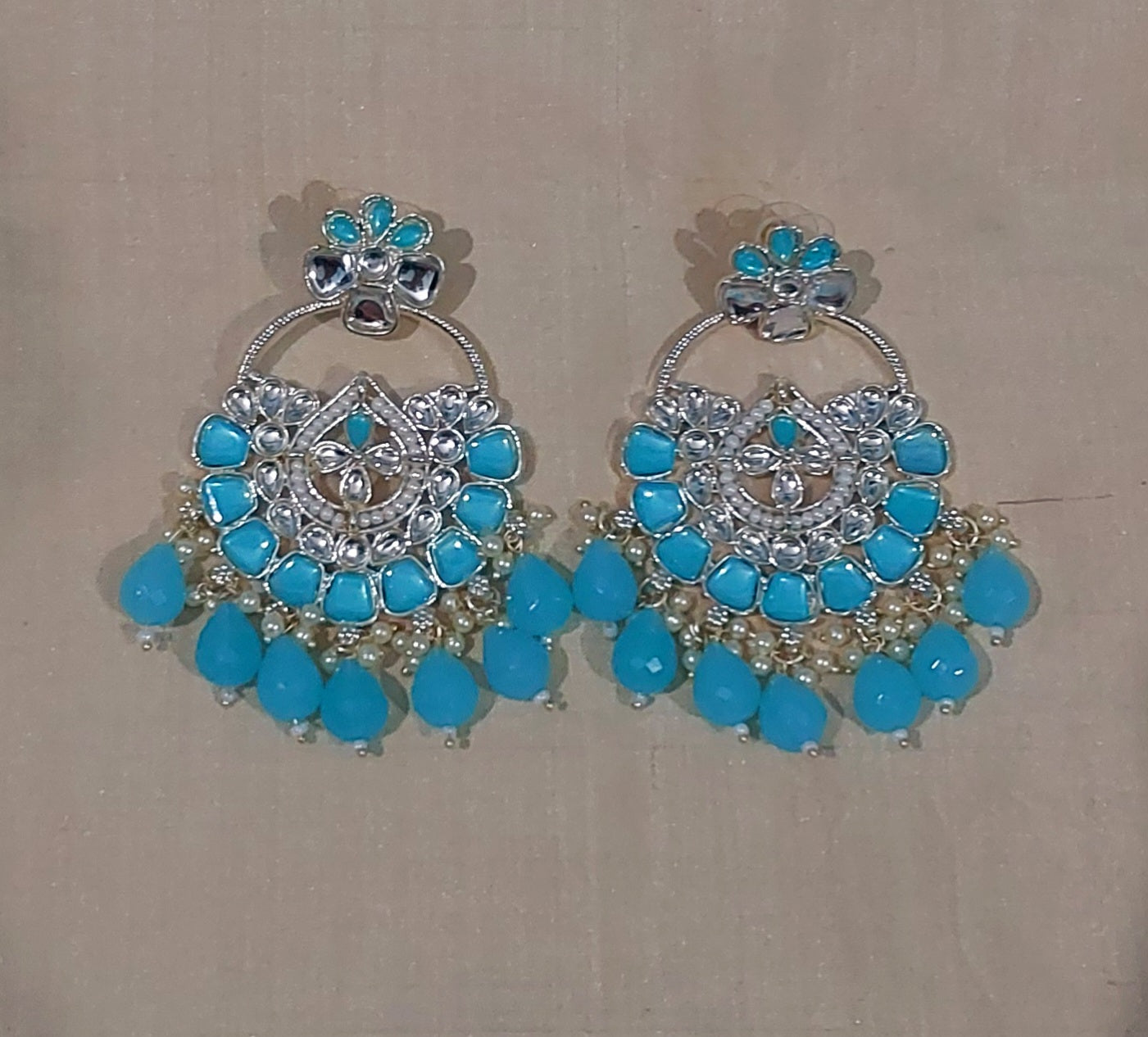 Sky blue monalisa stones & beads chandbali earrings