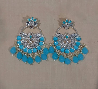 Sky blue monalisa stones & beads chandbali earrings